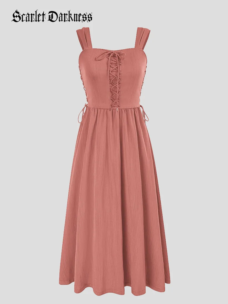 Scarlet Darkness Wide-strap Renaissance Peasant Dress with Pockets