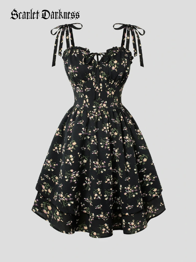 Scarlet Darkness Victoria Spring Ditsy Floral Fitted Dresses For Women Black