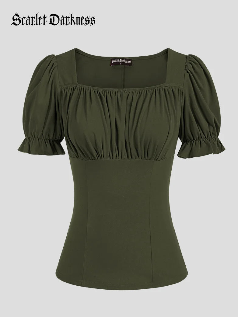 Scarlet Darkness Victorian Pleated Ruched Slim Fit Short Sleeve Tops