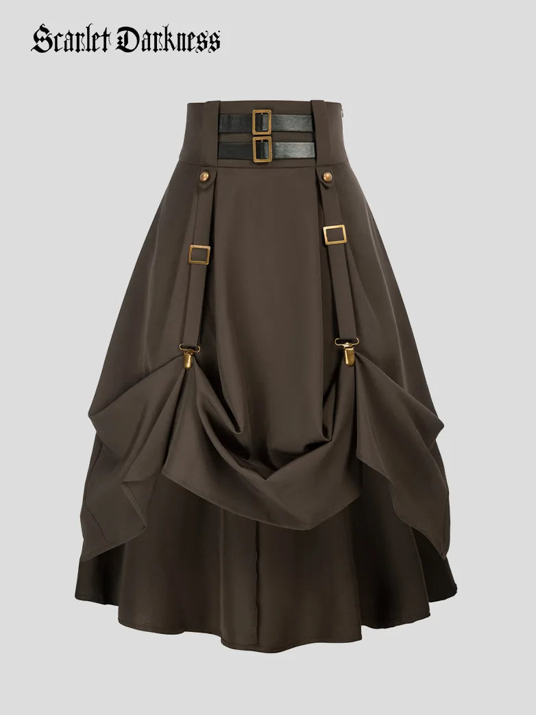 SCARLET DARKNESS Piratenrok voor dames, gothic, steampunk, maxirok, hoge taille, dubbellaags, middeleeuwse kleding, klederdrachtrok met trekkoord, kaki, XXL SCARLET DARKNESS Piratenrok voor dames, gothic, steampunk, maxirok, hoge taille, dubbellaags, middeleeuwse kleding, klederdrachtrok met trekkoord, kaki, XXL