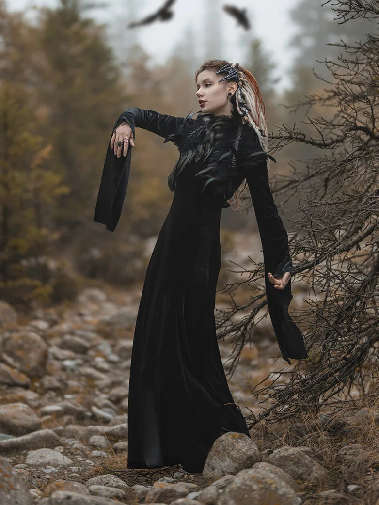 Scarlet Darkness Victorian Gothic Stand Collar Lace Velvet Slit Dress Scarlet Darkness Victorian Gothic Stand Collar Lace Velvet Slit Dress
