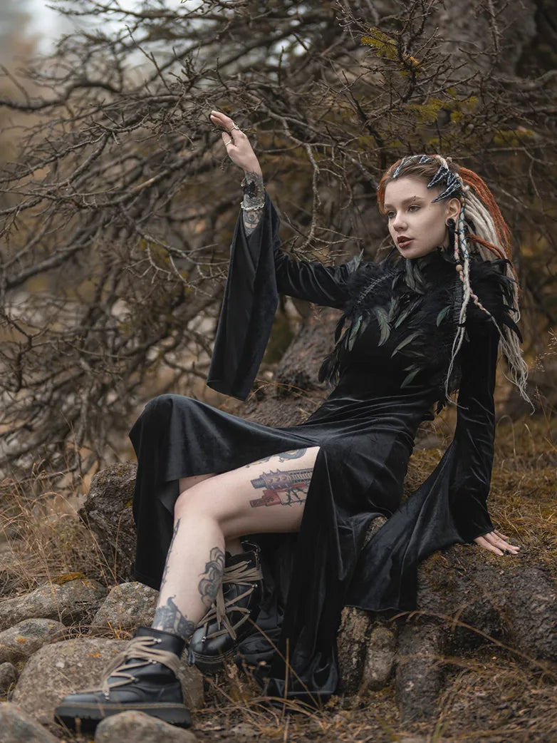 Scarlet Darkness Victorian Gothic Stand Collar Lace Velvet Slit Dress Scarlet Darkness Victorian Gothic Stand Collar Lace Velvet Slit Dress