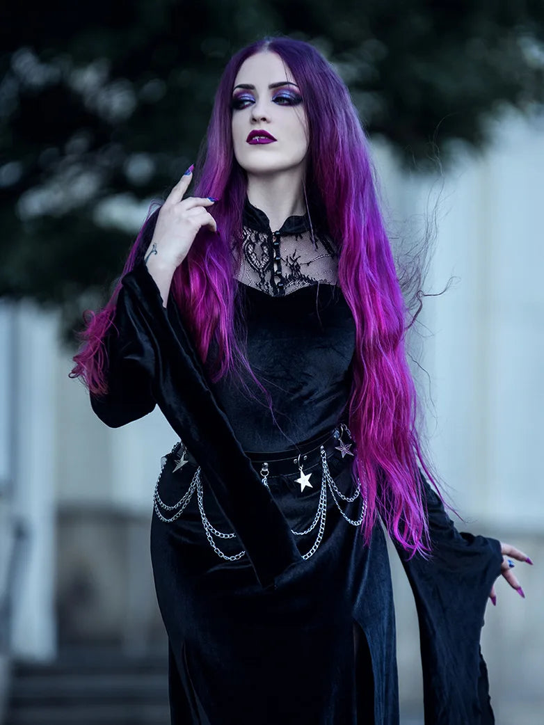 Victorian Gothic Stand Collar Lace Velvet Slit Dress Victorian Gothic Stand Collar Lace Velvet Slit Dress
