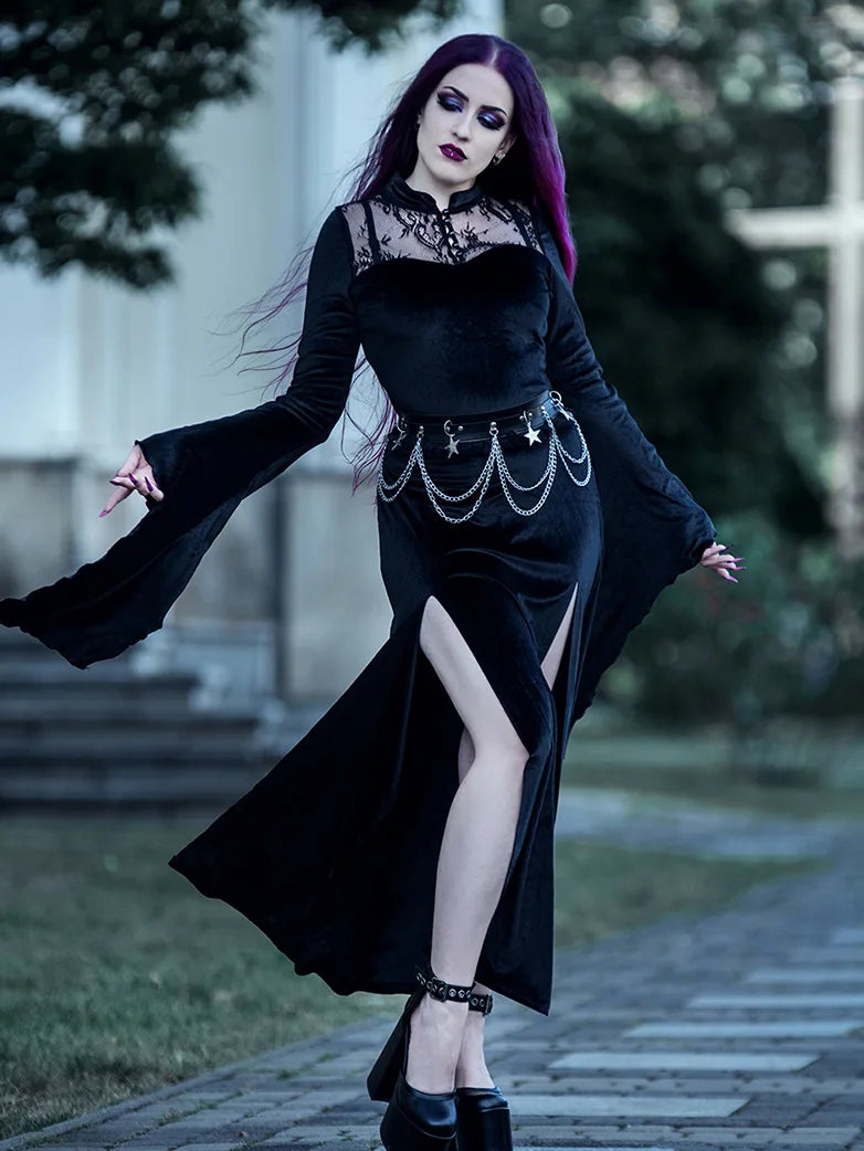 Victorian Gothic Stand Collar Lace Velvet Slit Dress Victorian Gothic Stand Collar Lace Velvet Slit Dress