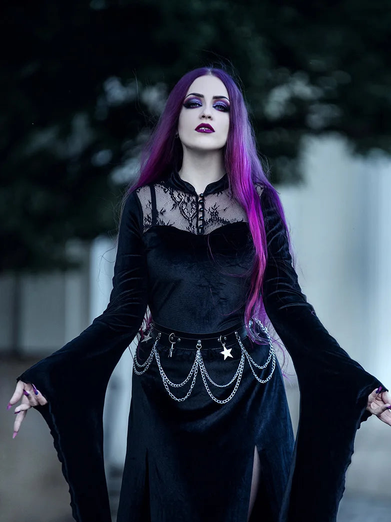 Victorian Gothic Stand Collar Lace Velvet Slit Dress Victorian Gothic Stand Collar Lace Velvet Slit Dress