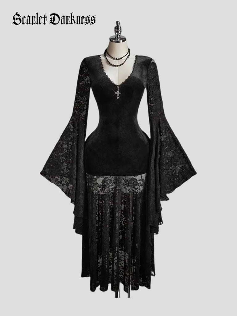 Gothic Witch Velvet Floral Lace Maxi Dress Scarlet Darkness Black / L