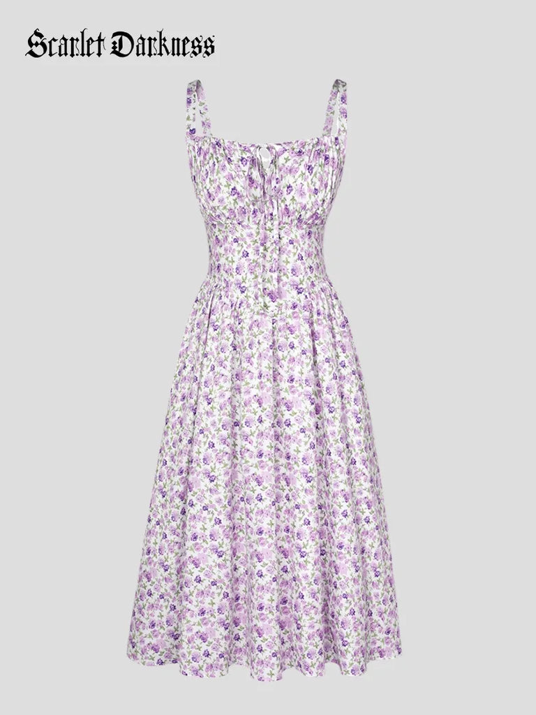 Scarlet Darkness Women Smocked Bodice Floral Dress with Pocket Purple