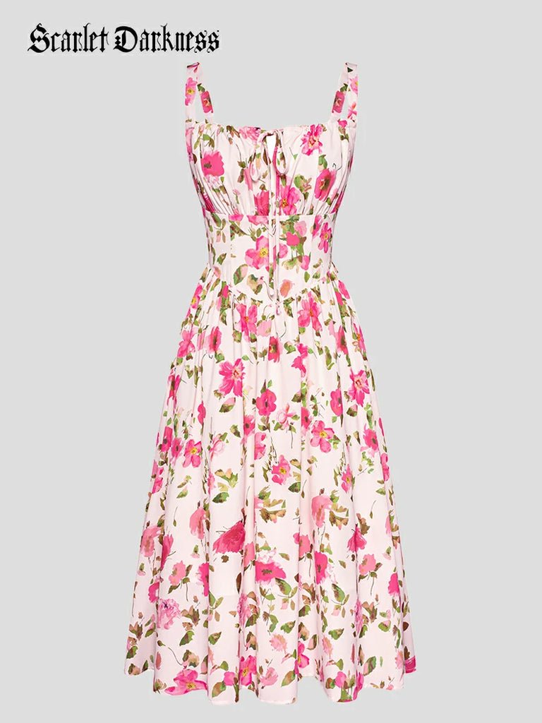 Scarlet Darkness Women Smocked Bodice Floral Dress with Pocket Rose red