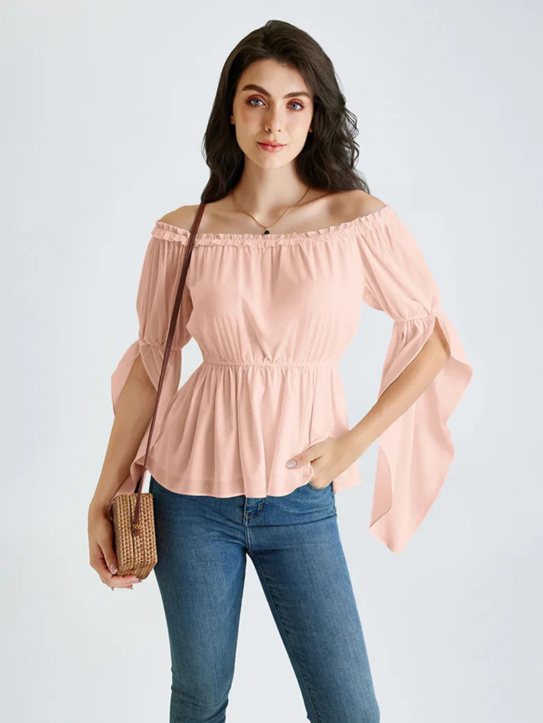 SCARLET DARKNESS Victoriaanse tops voor dames, ruches op de blote schouder, lange mouwen, elastische taille, renaissance-blouse, Wijn, XL