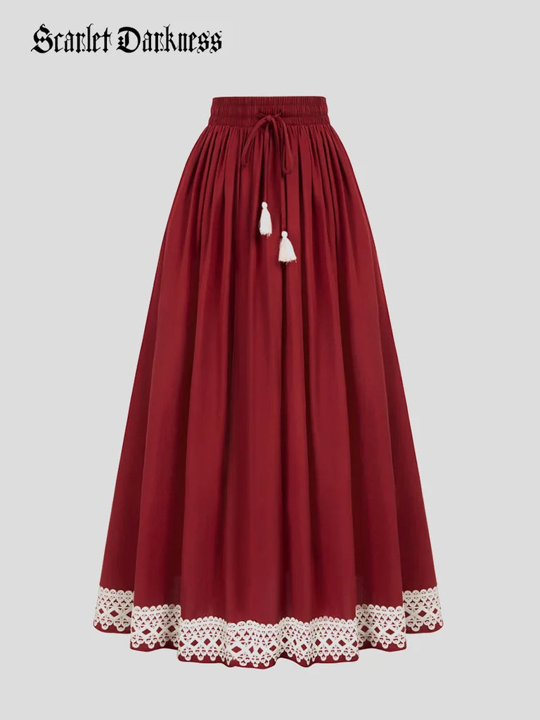 CAMDOM Jupe Renaissance Médiévale à Taille Élastique - Jupe Trapèze Double Couche Dentelle