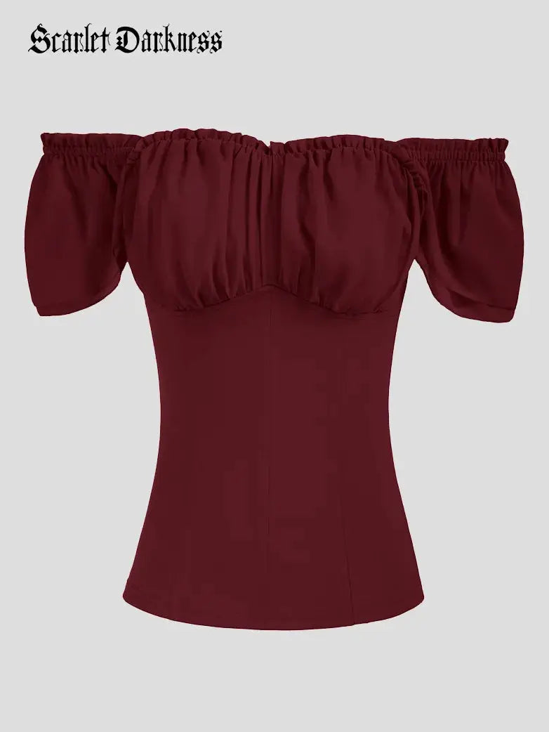 SCARLET DARKNESS Chemisier Médiéval Femme Haut Court Manches Longues Col Carré Élastique – Chemise Pirate Renaissance Corset