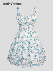 Scarlet Darkness Women Summer Floral Puffy Corset Dress Light blue