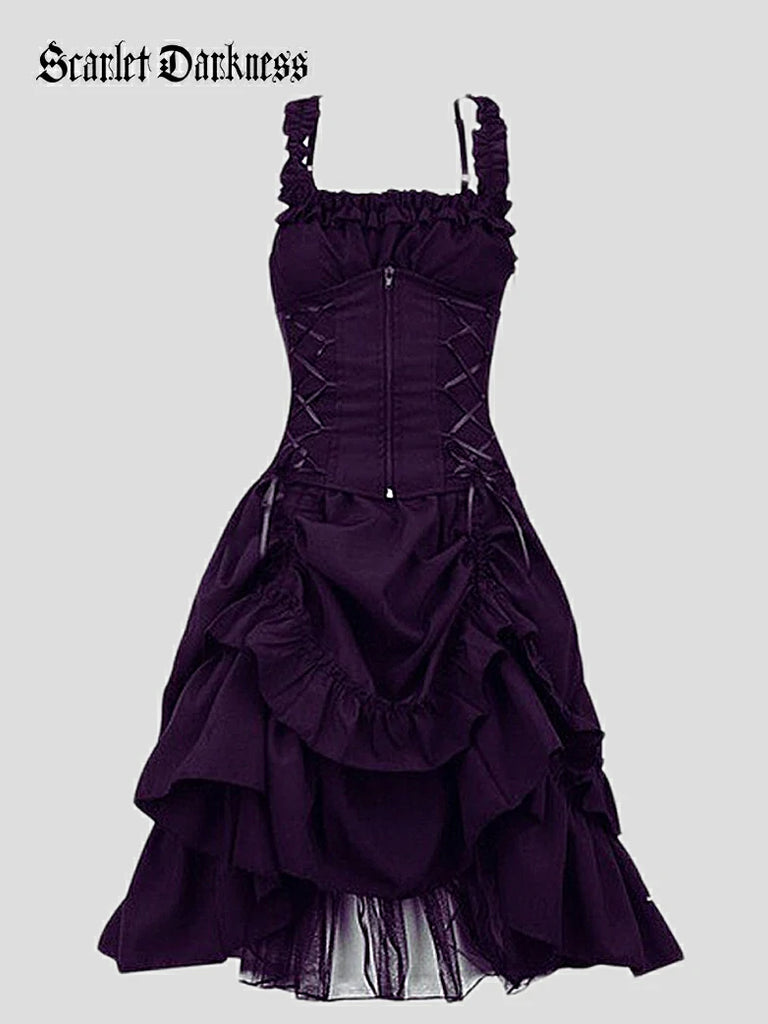 Gothic Dark Romance Irregular Hem Lace Dress with Tie Waist Gothic Dark Romance Irregular Hem Lace Dress with Tie Waist