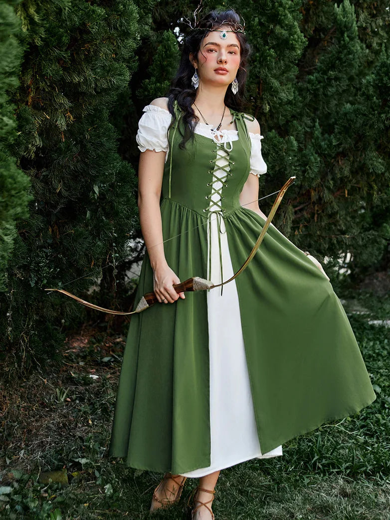 green and white medieval dress Renaissance Dress - Long Sleeves in Natural and Green with Lacing