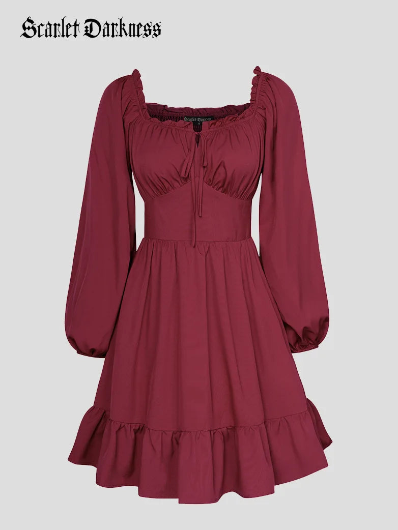 SCARLET DARKNESS Renaissance jurken voor dames, offshoulder, lange mouwen, onregelmatige zoom, middeleeuwse jurk, Zwart, S