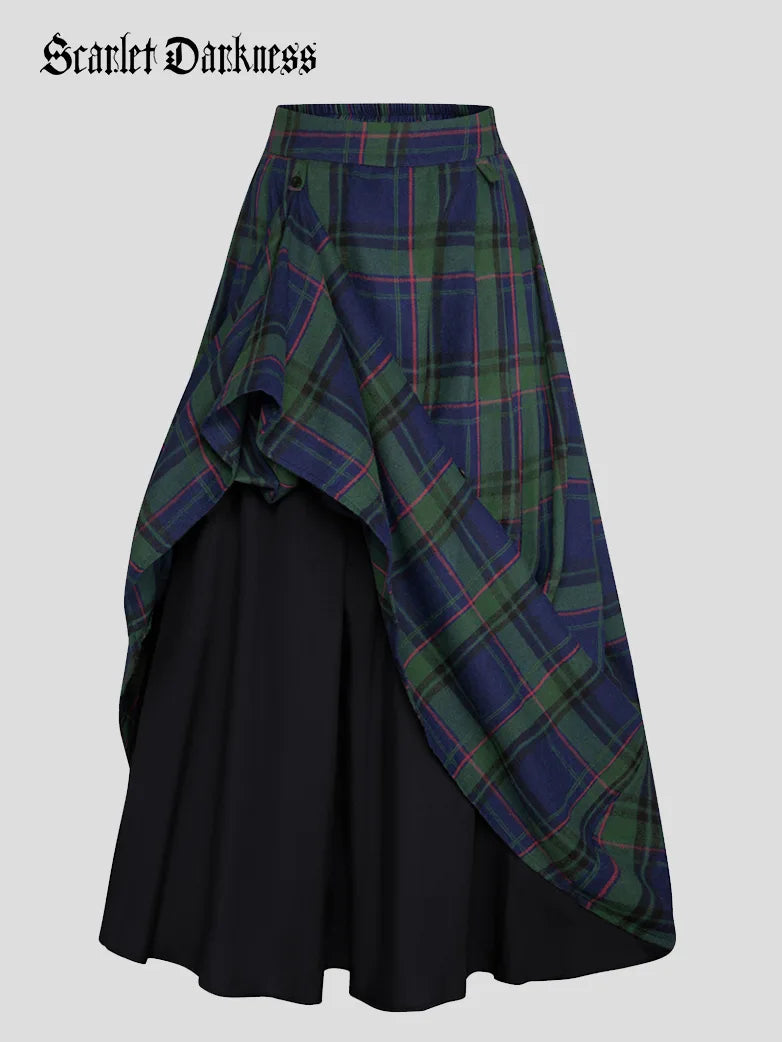 Scarlet Darkness Women Plaided Buckle up Flared Swing Maxi Skirt