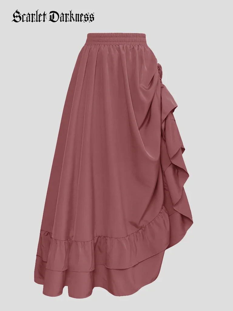 Women Punk Skirts Ruffled High-Low 3 Ways Drawstring Skirt SCARLET DARKNESS