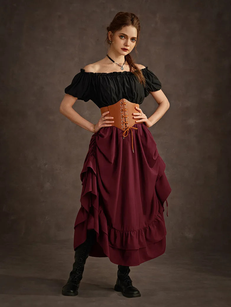 Scarlet Darkness Women Punk Ruffled High-Low Drawstring Skirt
