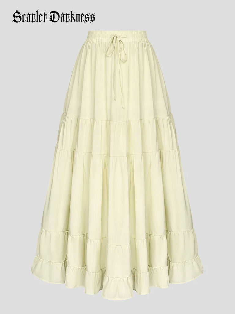 Scarlet Darkness Women Renaissance Tiered Swing Pockets Skirt Yellow