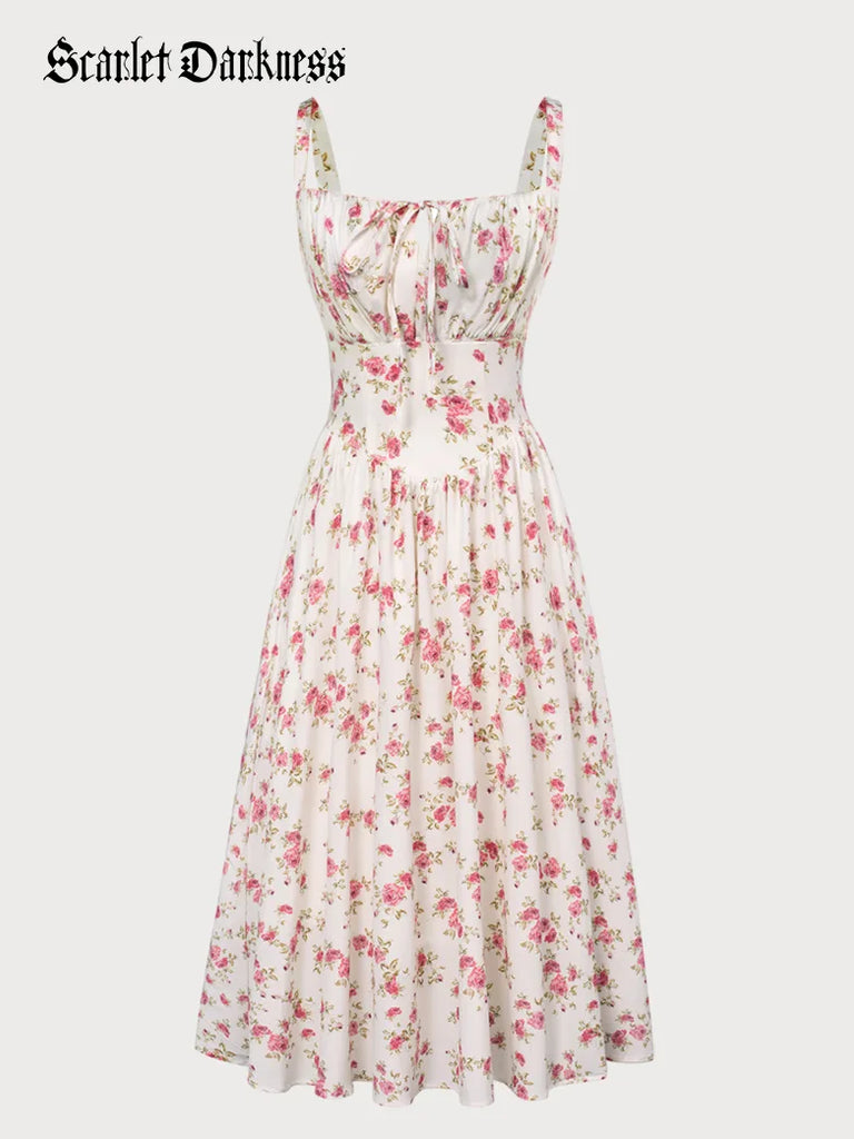 Scarlet Darkness Women Smocked Bodice Floral Dress with Pocket Pink