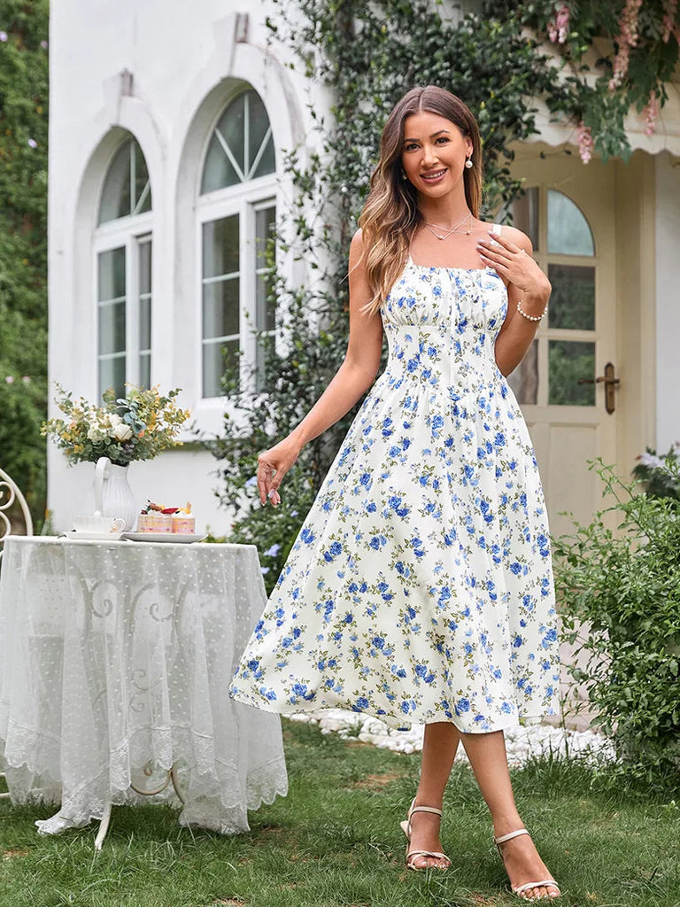 Scarlet Darkness Women Smocked Bodice Floral Dress with Pocket