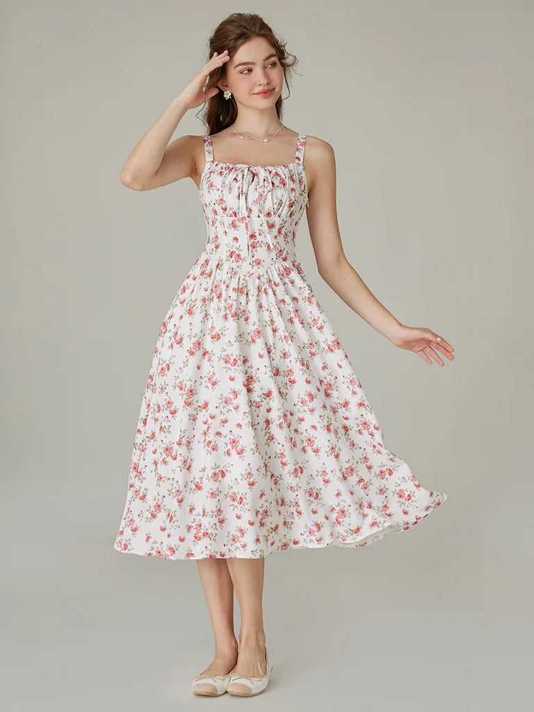 Scarlet Darkness Women Smocked Bodice Floral Dress with Pocket