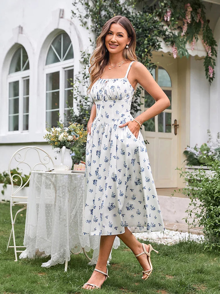 Scarlet Darkness Women Smocked Bodice Floral Dress with Pocket