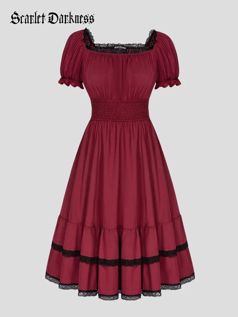 Scarlet Darkness Women Steampunk Elastic Waist Tiered Dress with Pocket