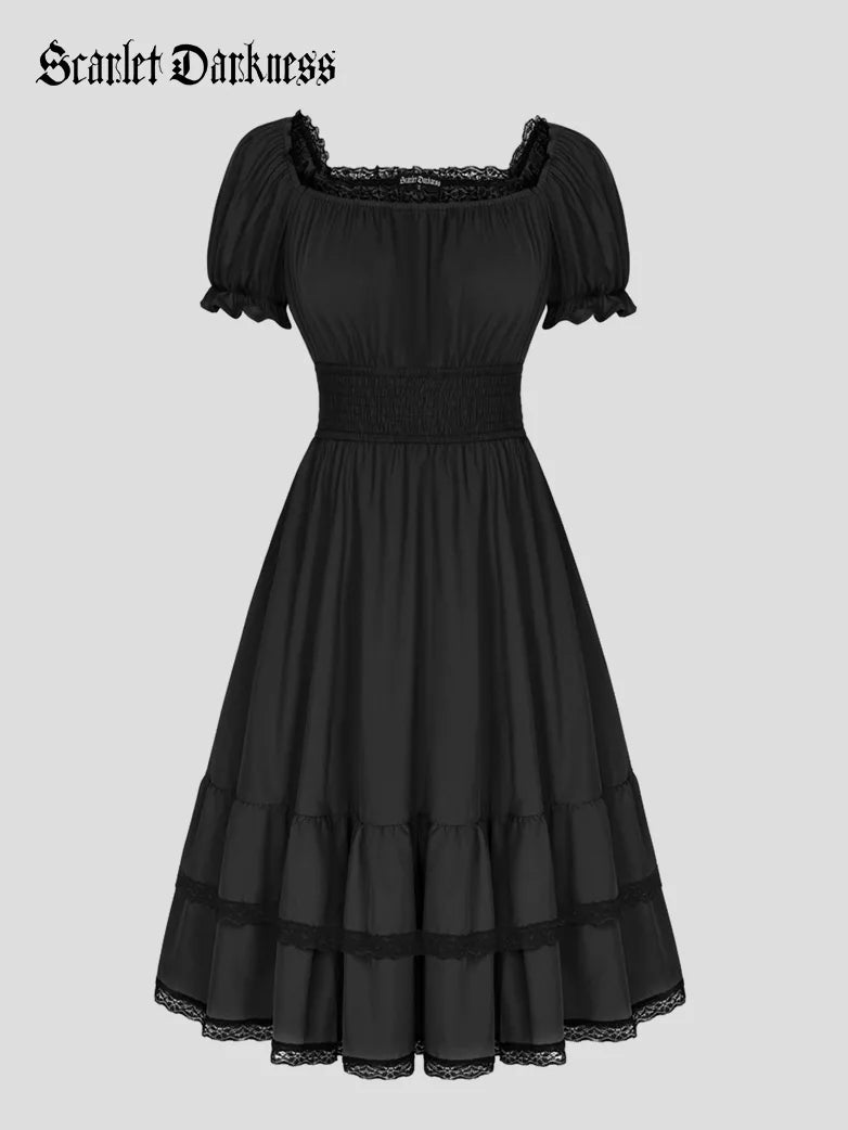 Scarlet Darkness Women Steampunk Elastic Waist Tiered Dress with Pocket