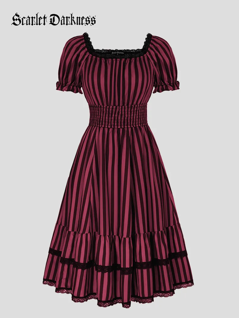 Scarlet Darkness Women Steampunk Elastic Waist Tiered Dress with Pocket