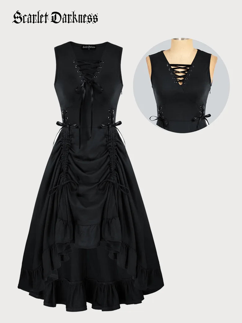 SCARLET DARKNESS Middeleeuwse jurk voor dames, high-low ruches SCARLET DARKNESS Middeleeuwse jurk voor dames, high-low ruches