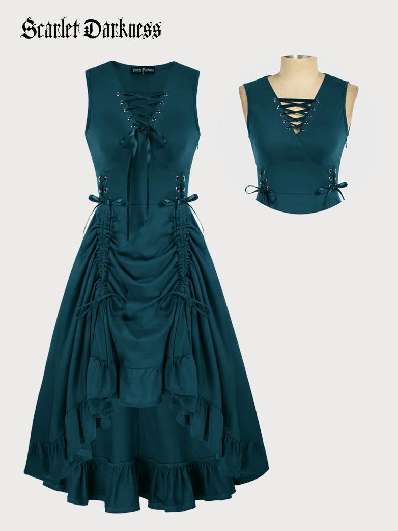 Scarlet Darkness Women Steampunk Lace-up Drawstring High-lo Dress