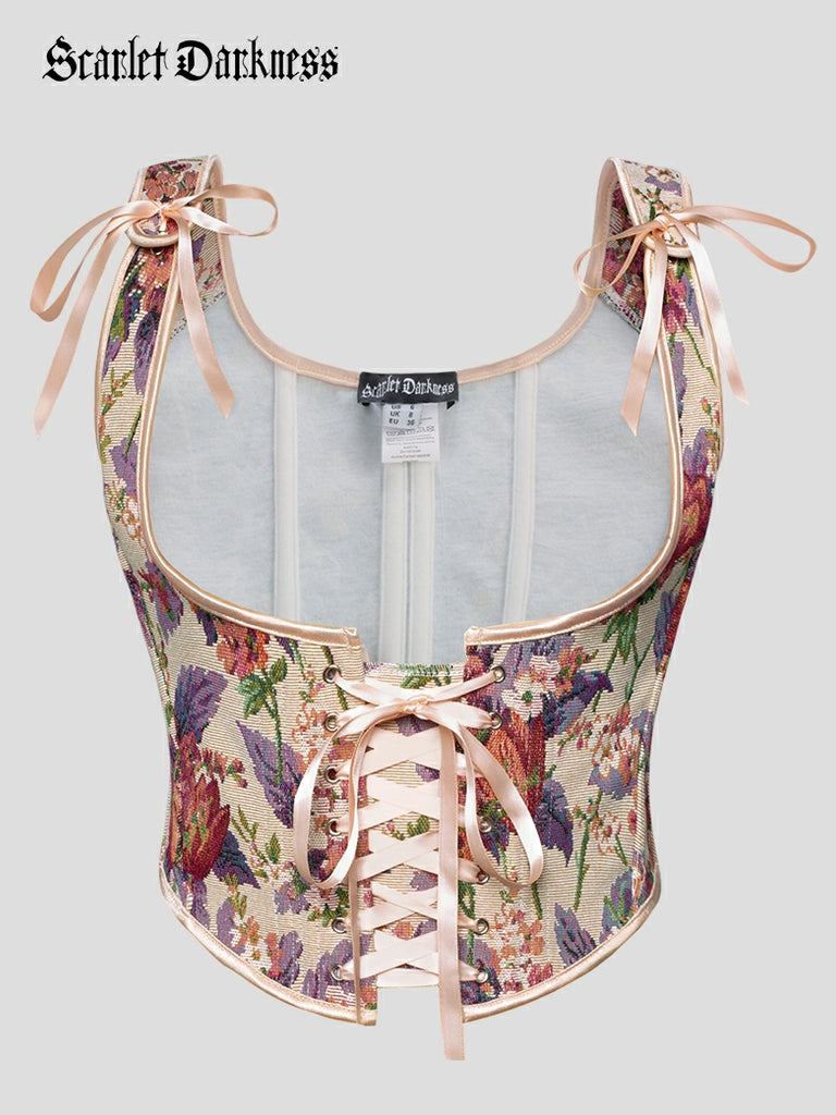 Scarlet Darkness Flower Under Bust Bustier Corset with 11 Bones Apricot