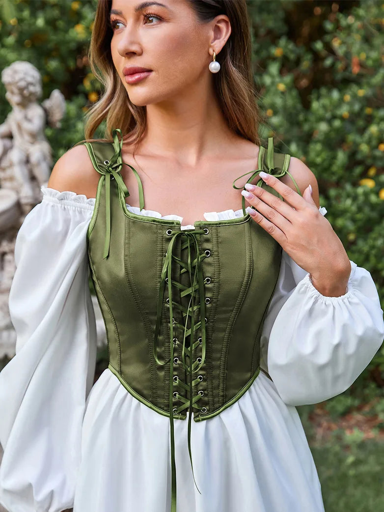 renaissance faire corset dress Satin Renaissance Corset Dress: Medieval Wedding Gown, Pink Green Black