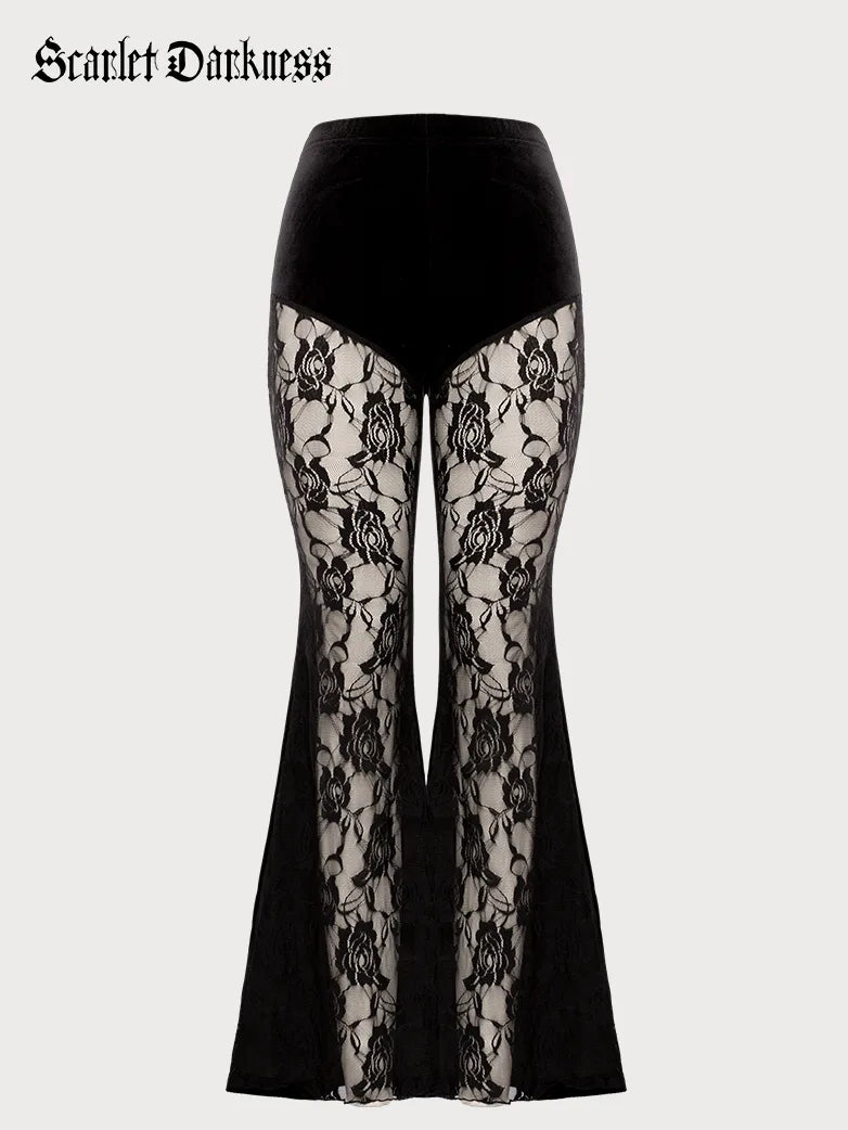 Scarlet Darkness Women Victorian Goth Black Lace Velvet Flared