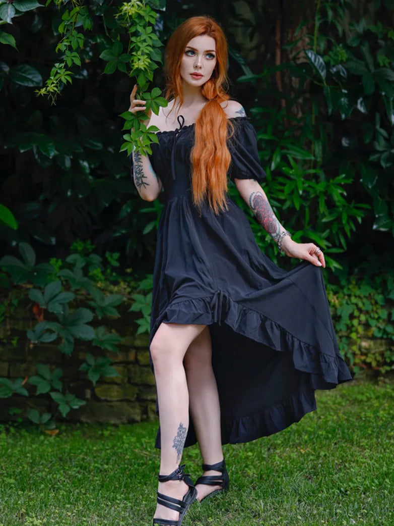 Scarlet Darkness Women Victorian Square Neck Drawstring Lace Maxi Dress