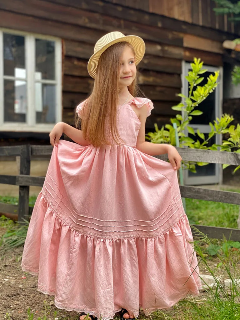 Kids Flying Sleeves Lace Hem Tiered  Maxi Dress Scarlet Darkness