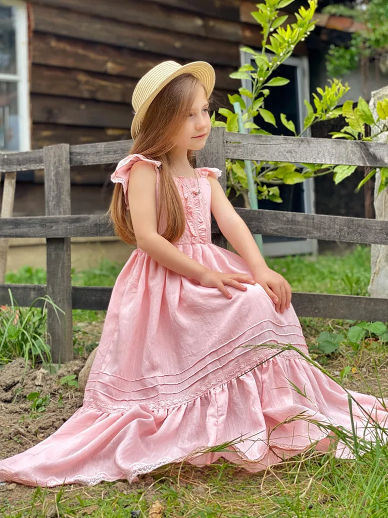 Kids Flying Sleeves Lace Hem Tiered  Maxi Dress SCARLET DARKNESS