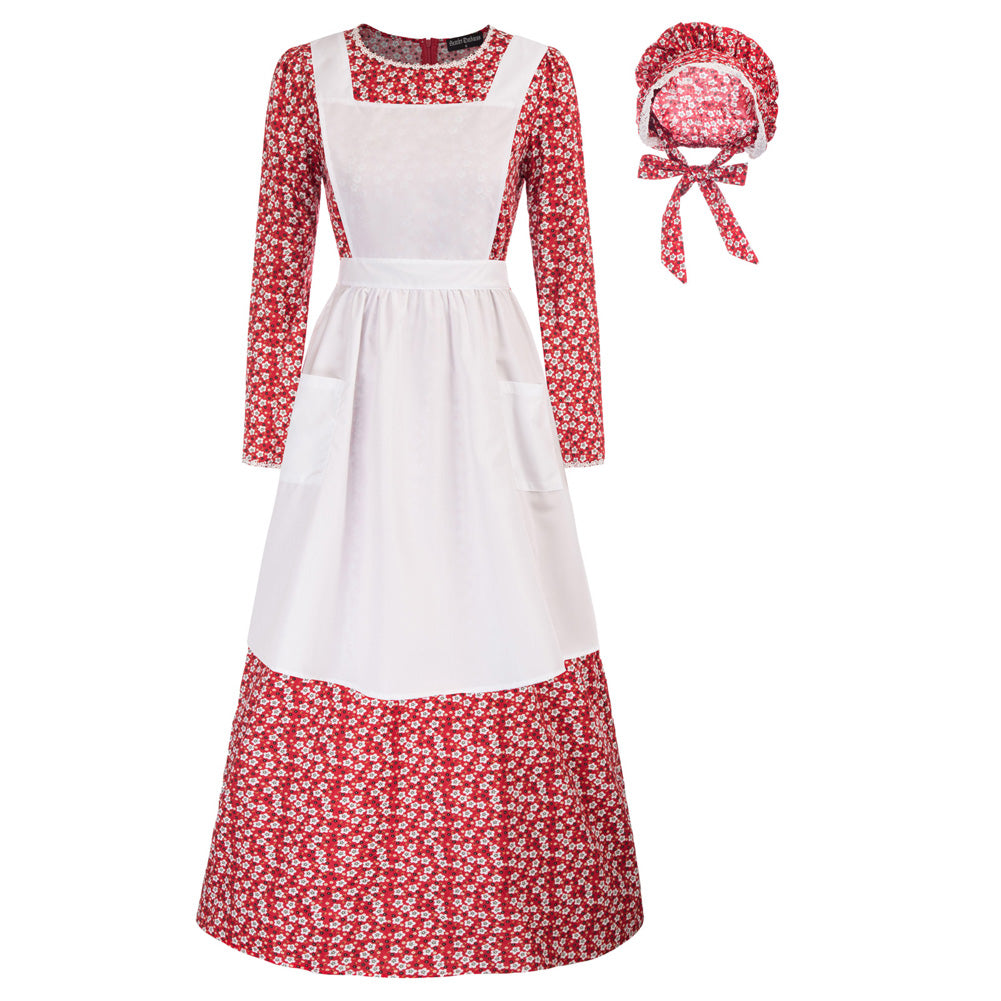 3 Pcs Floral Deluxe Colonial Costume Dress (Dress + Apron + Hat) SCARLET DARKNESS