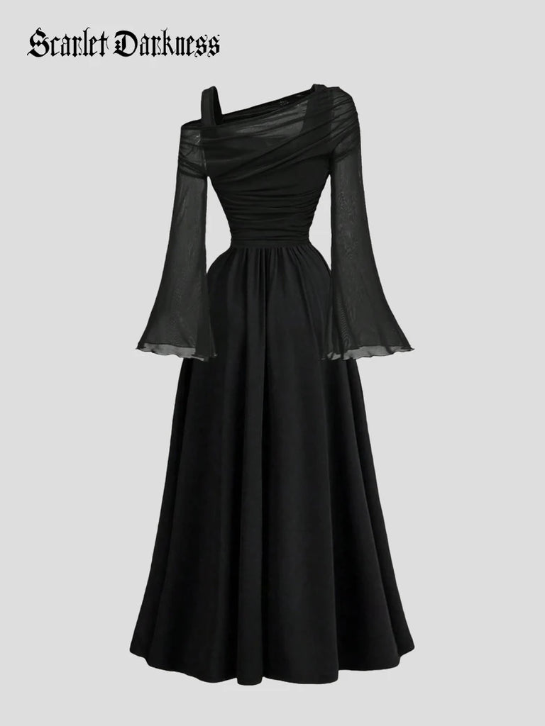gothic flowy dress Scarlet Darkness Medieval One Shoulder Mesh HolidayDressing25