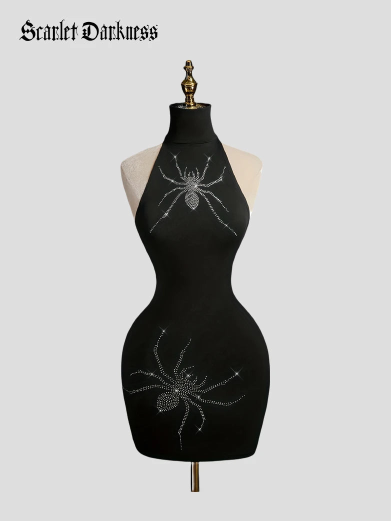 Gothic Rhinestone Spider Halter Bodycon Mini Dress