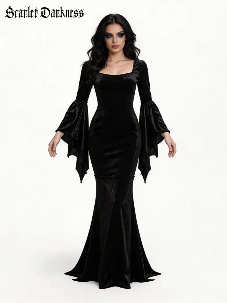 Halloween Gothic Velvet Bat Sleeve Mermaid Maxi Dress Scarlet Darkness Black / S