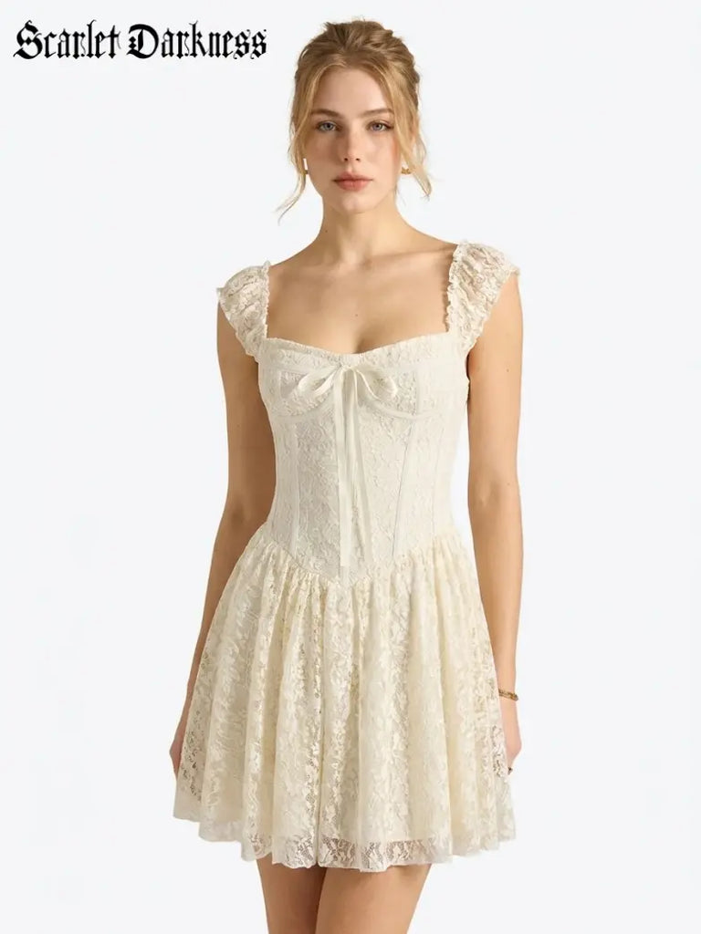 Victorian Cottagecore Floral Lace Midi Dress Scarlet Darkness White / S