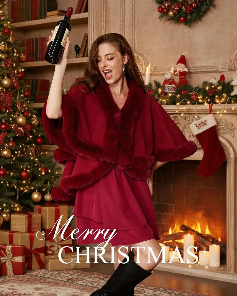Woman in a red outfit with a wine bottle in a festive Christmas setting with a fireplace and tree.