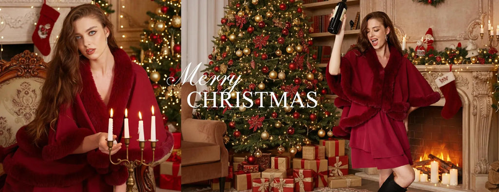 Woman in a red robe holding candles in a festive living room with Christmas decorations.