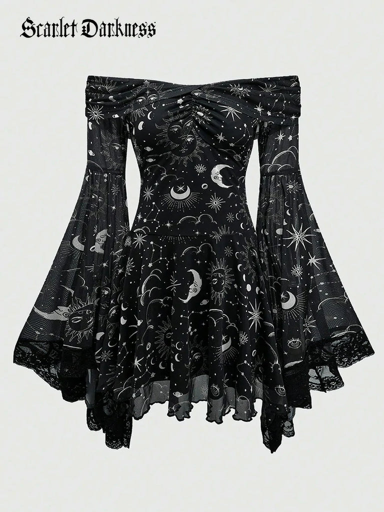 Scarlet Darkness Gothic Whimsical Off Shoulder Bell Sleeve Dress White