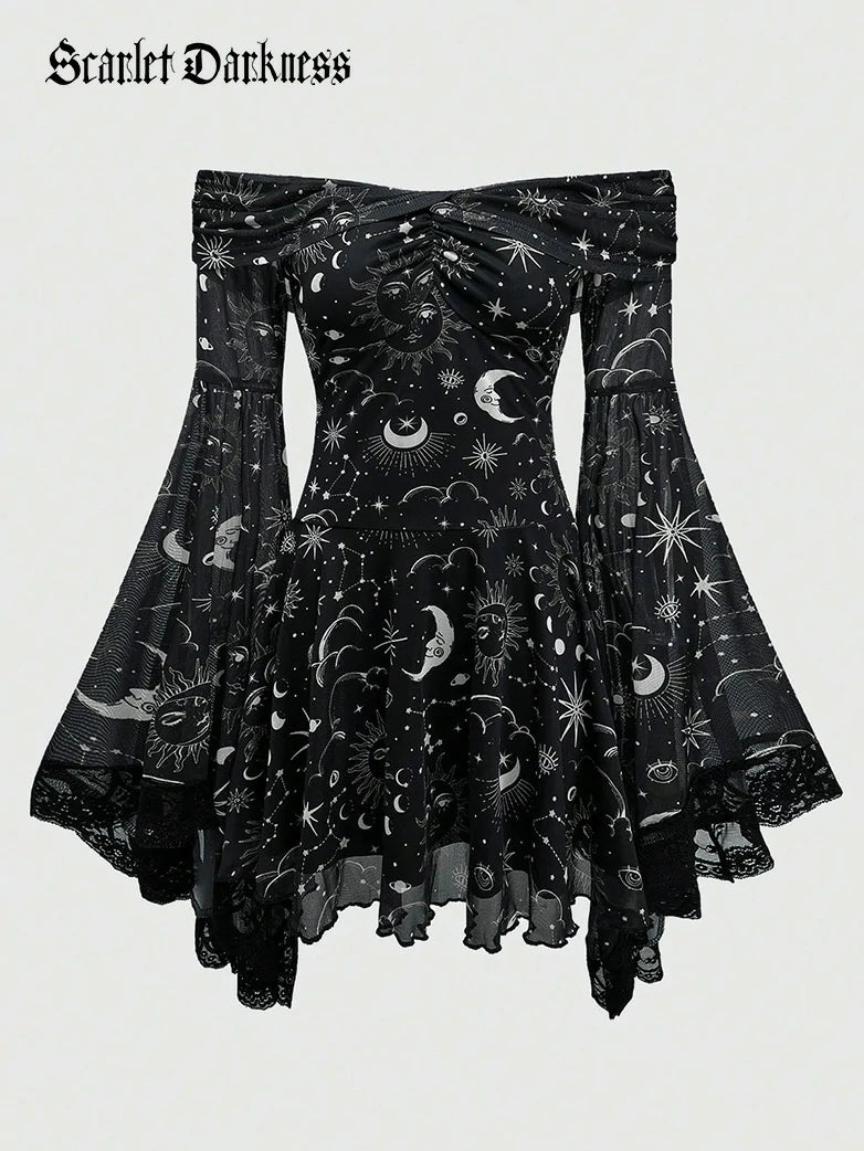Gothic Whimsical Off Shoulder Bell Sleeve Witch Dress