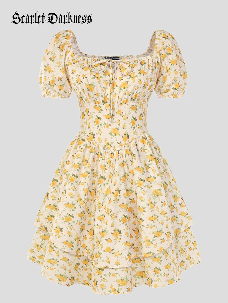 yellow off shoulder dress with floral design Victorian Off Shoulder Floral Dresses for Women