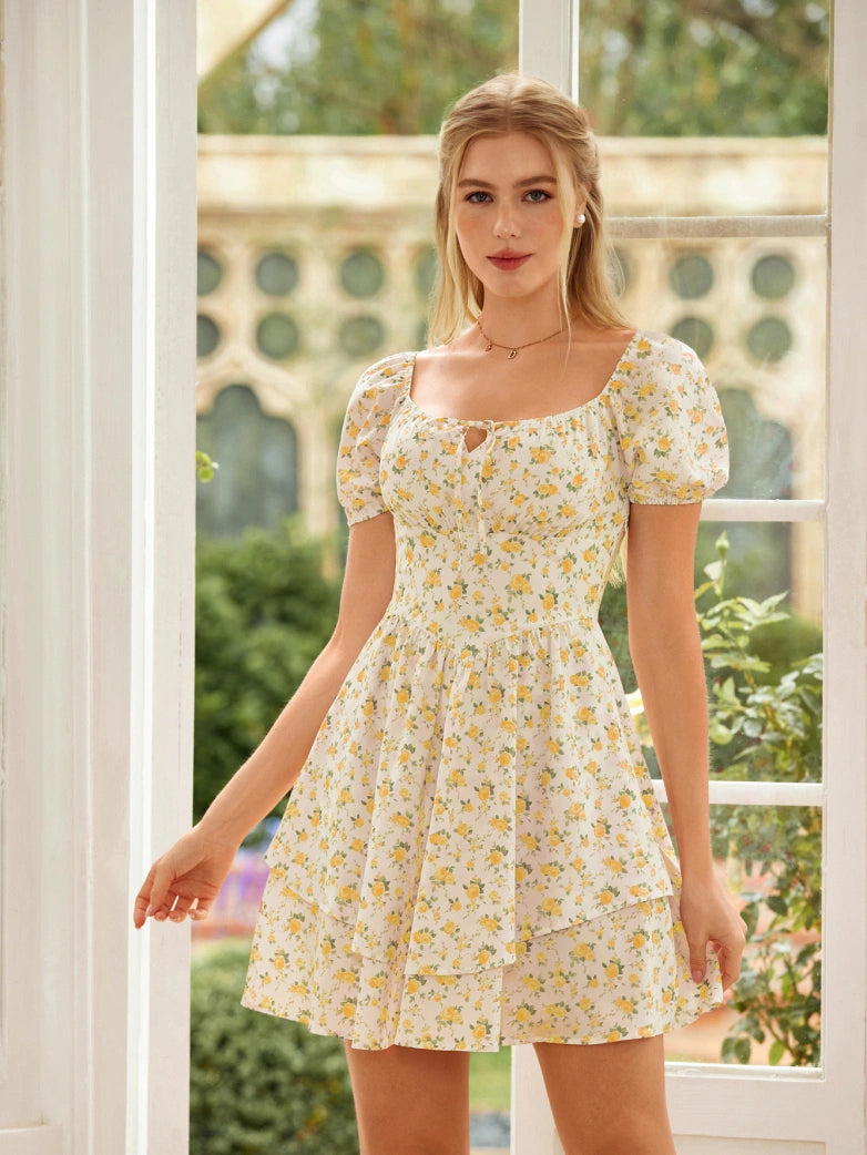 yellow off shoulder dress with floral design Yellow Floral Silk Maxi Dress, Bustier Top, Side Slit