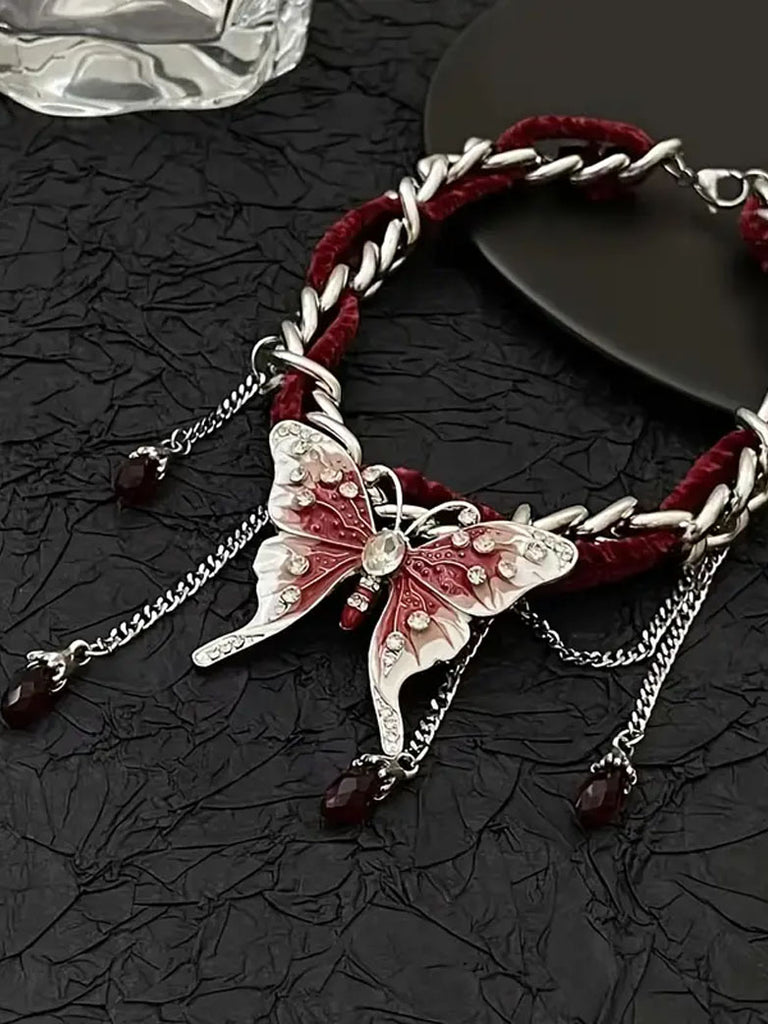 Butterfly in the Midnight Tassel Red Velvet Necklace SCARLET DARKNESS